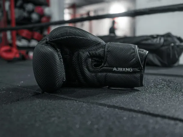 Luvas de boxe pretas apoiadas no tatame da área de lutas